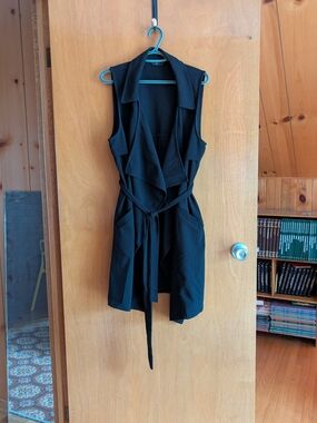 Sleeveless Black Drape Front Belted Vest